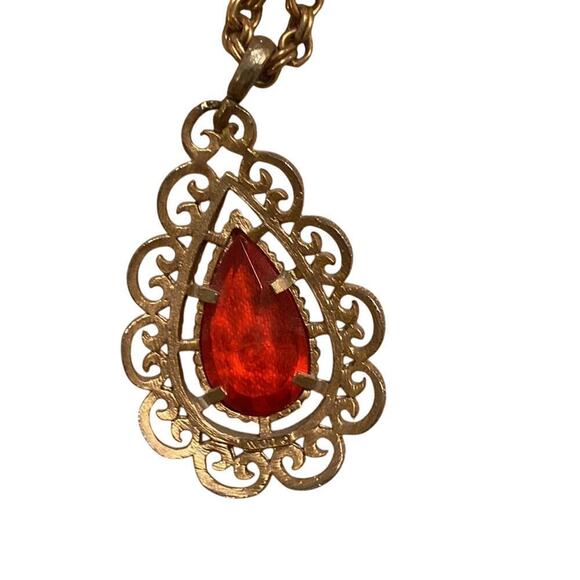 Vintage Womens Double Necklace With Orange Pear Shaped Stone Antiqued Gold Tone - Picture 3 of 4